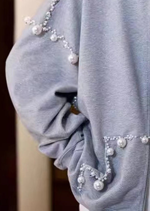 Loose Grey Hooded Pearl Pockets Cotton Coats Spring