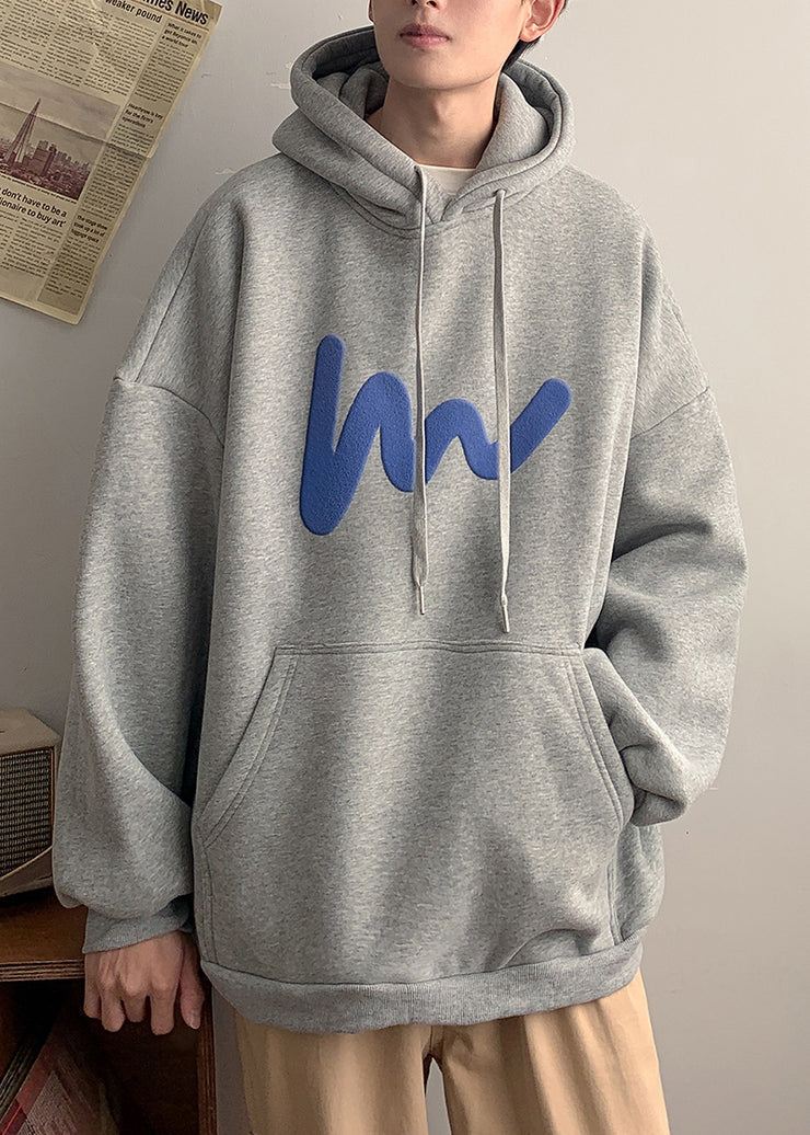 Loose Grey Hooded Pockets Cotton Men Sweatshirt Spring