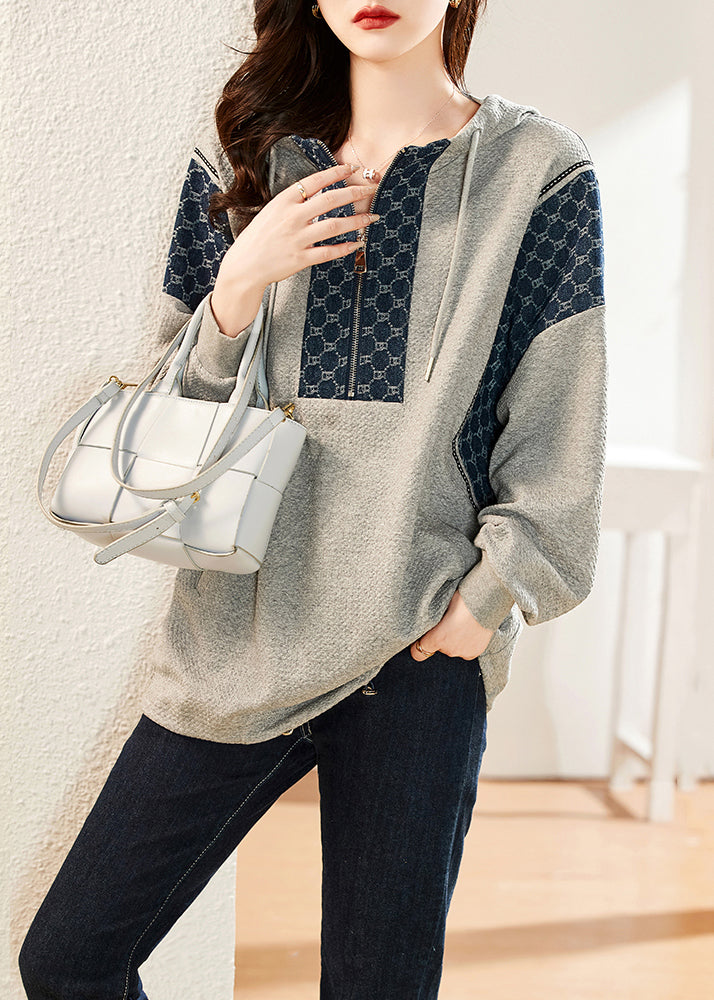 Loose Grey Hooded Pockets Patchwork Cotton Sweatshirt Long Sleeve