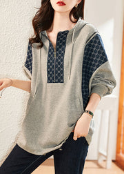 Loose Grey Hooded Pockets Patchwork Cotton Sweatshirt Long Sleeve