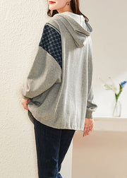 Loose Grey Hooded Pockets Patchwork Cotton Sweatshirt Long Sleeve