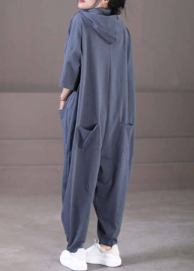 Loose Grey Hooded Pockets Solid Color Button Cotton Jumpsuit Short Sleeve