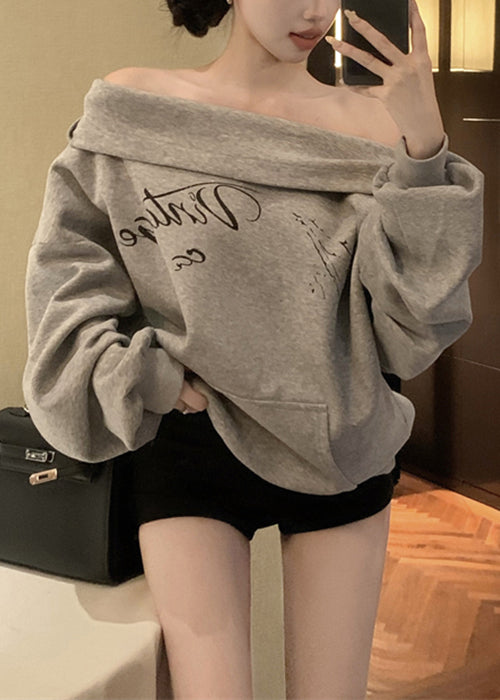 Loose Grey Hooded Print Pockets Cotton Sweatshirt Fall