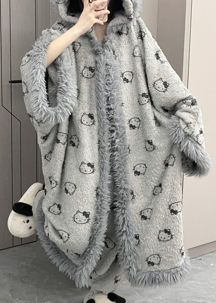 Loose Grey Hooded Print Warm Fleece Pajamas Two Pieces Set Winter