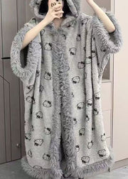 Loose Grey Hooded Print Warm Fleece Pajamas Two Pieces Set Winter