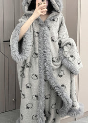 Loose Grey Hooded Print Warm Fleece Pajamas Two Pieces Set Winter