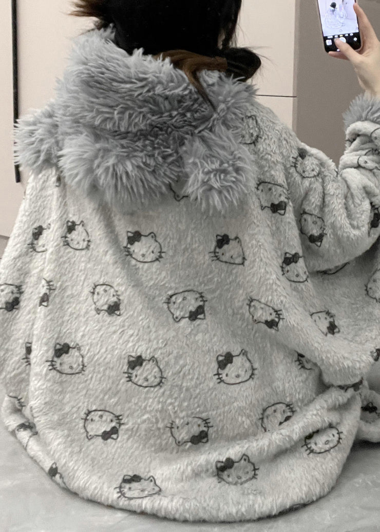 Loose Grey Hooded Print Warm Fleece Pajamas Two Pieces Set Winter