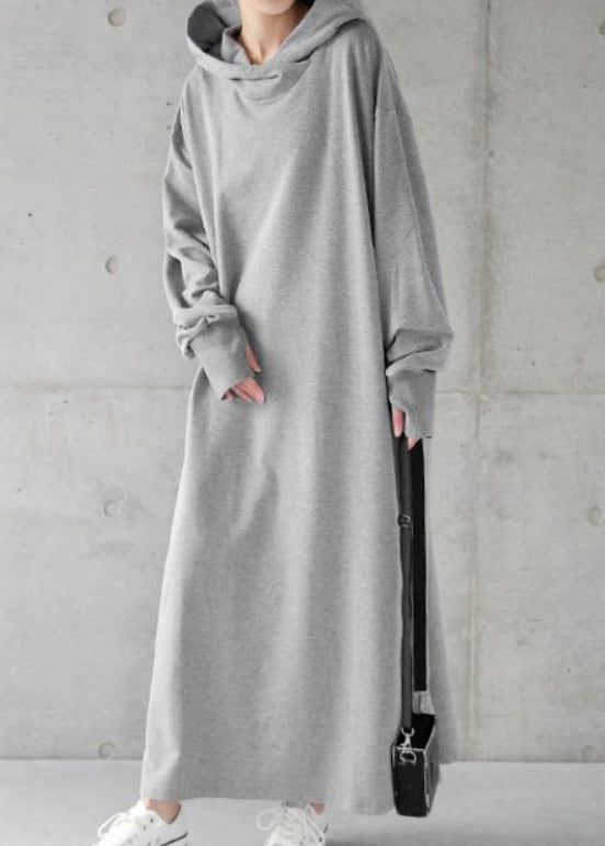 Loose Grey Hooded Solid Cotton Sweatshirt Dress Spring