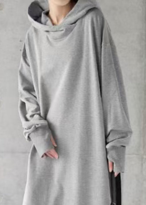 Loose Grey Hooded Solid Cotton Sweatshirt Dress Spring