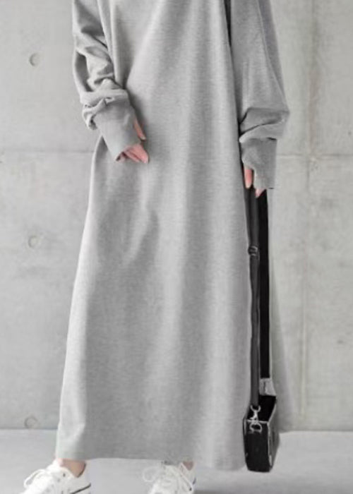 Loose Grey Hooded Solid Cotton Sweatshirt Dress Spring