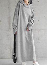 Loose Grey Hooded Solid Cotton Sweatshirt Dress Spring