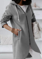 Loose Grey Hooded Zippered Pockets Warm Fleece Coats Fall