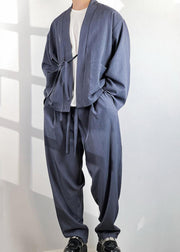 Loose Grey Lace Up Pockets Cotton Men Two Pieces Set Fall