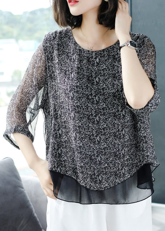 Loose Grey O Neck Chiffon Patchwork Top Bracelet Sleeve