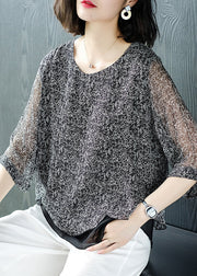 Loose Grey O Neck Chiffon Patchwork Top Bracelet Sleeve