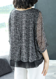 Loose Grey O Neck Chiffon Patchwork Top Bracelet Sleeve