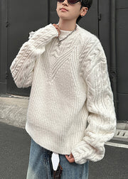 Loose Grey O Neck Cozy Cable Knit Men Sweaters Spring