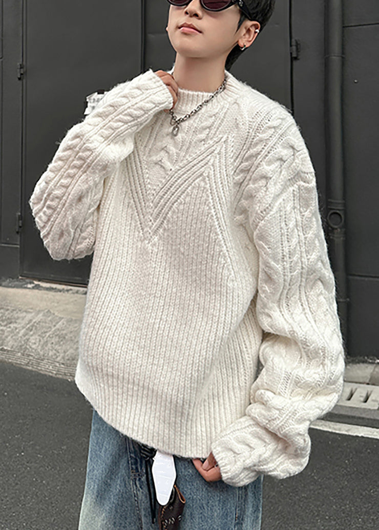 Loose Grey O Neck Cozy Cable Knit Men Sweaters Spring