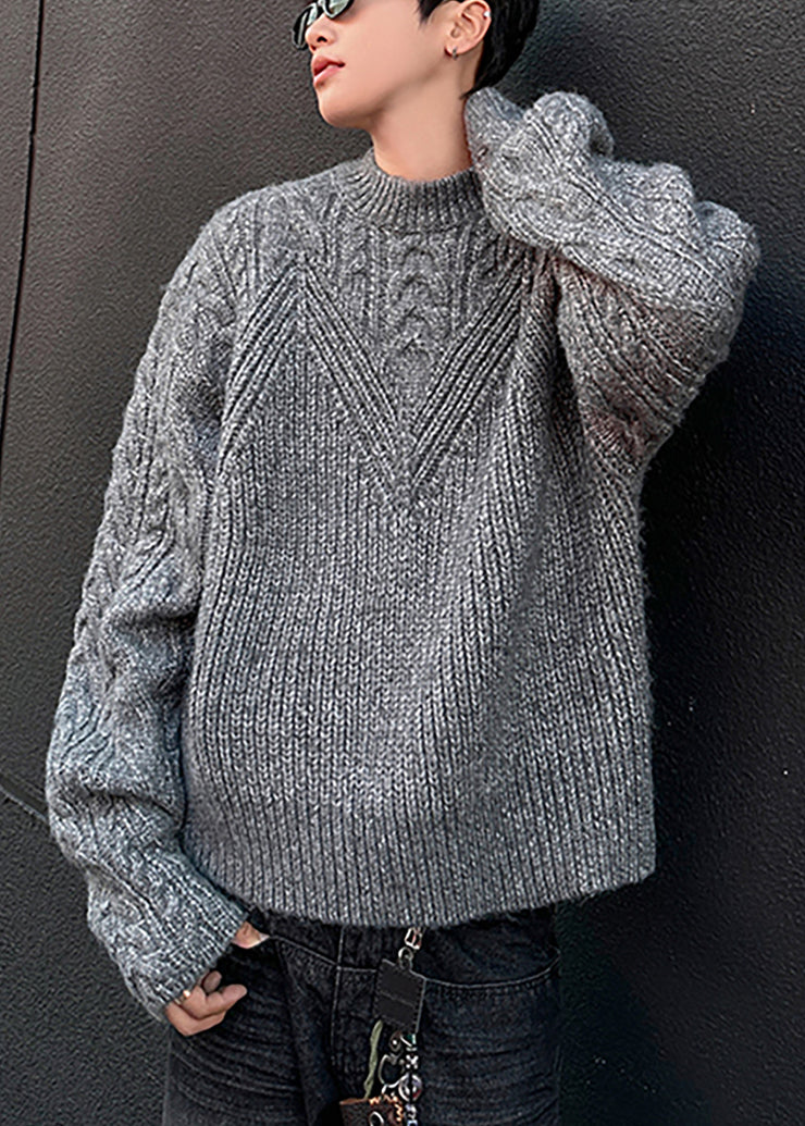 Loose Grey O Neck Cozy Cable Knit Men Sweaters Spring