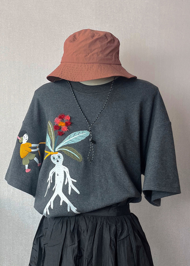 Loose Grey O-Neck Embroidered Cotton T Shirt Summer