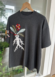 Loose Grey O-Neck Embroidered Cotton T Shirt Summer