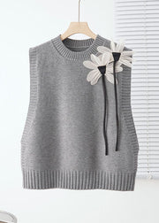 Loose Grey O-Neck Floral Knit Waistcoat Sleeveless