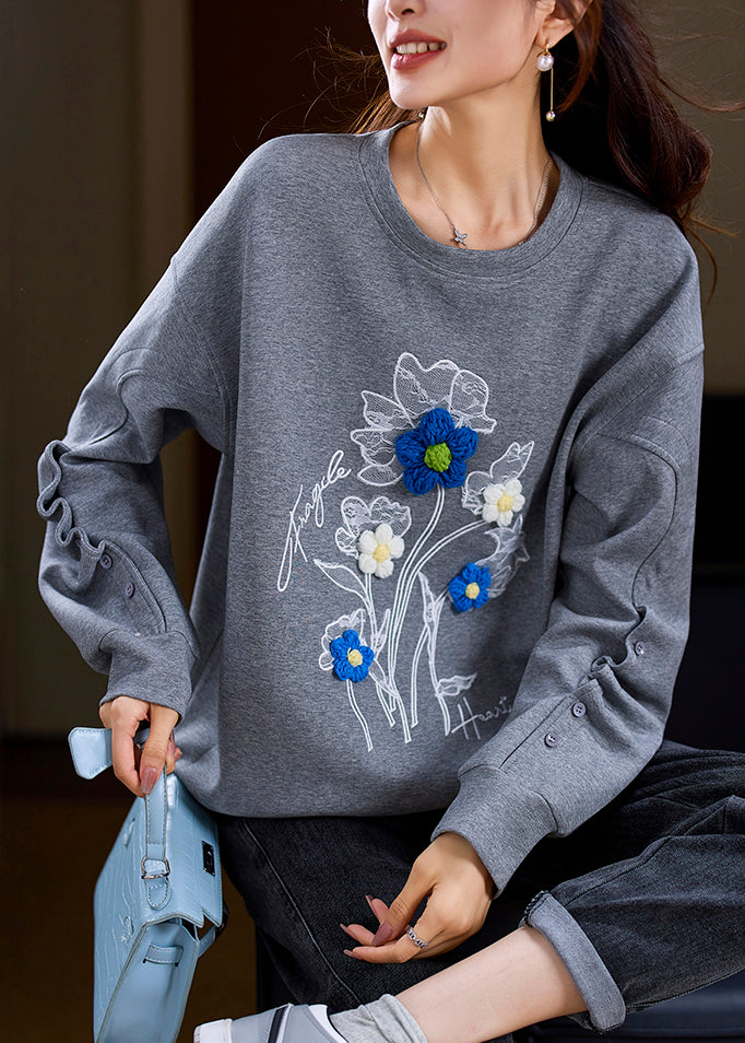 Loose Grey O Neck Floral Patchwork Cotton Sweatshirt Spring