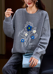 Loose Grey O Neck Floral Patchwork Cotton Sweatshirt Spring