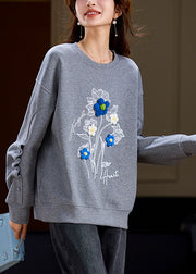 Loose Grey O Neck Floral Patchwork Cotton Sweatshirt Spring