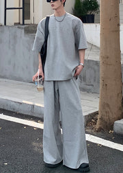 Loose Grey O Neck Letter Cotton Men Two Pieces Set Summer