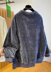 Loose Grey O Neck Nail Bead Cotton Pullover Sweatshirt Fall