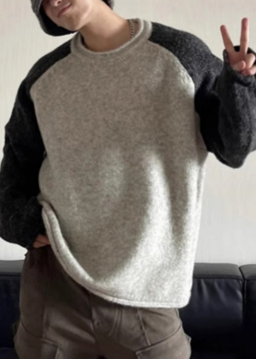 Loose Grey O Neck Patchwork Knit Men Sweaters Spring