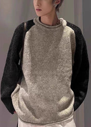 Loose Grey O Neck Patchwork Knit Men Sweaters Spring