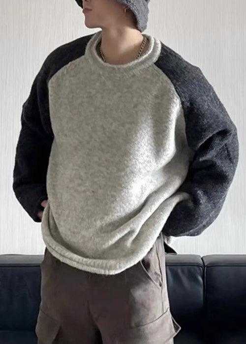 Loose Grey O Neck Patchwork Knit Men Sweaters Spring