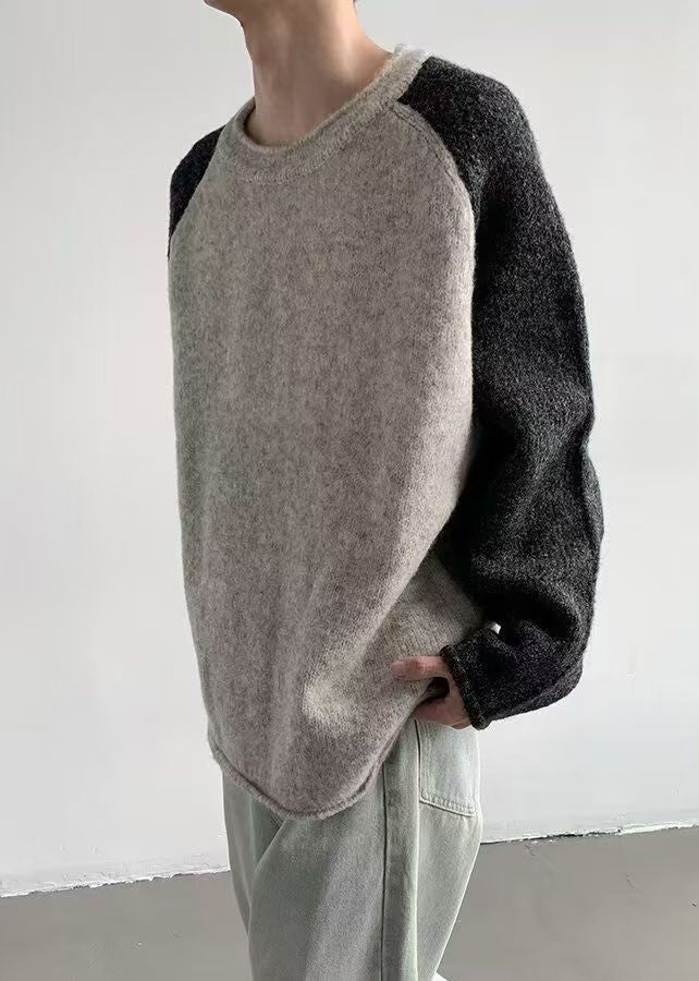 Loose Grey O Neck Patchwork Knit Men Sweaters Spring