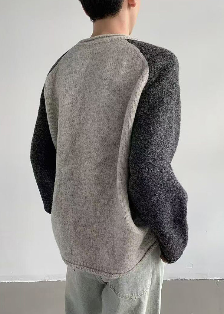 Loose Grey O Neck Patchwork Knit Men Sweaters Spring