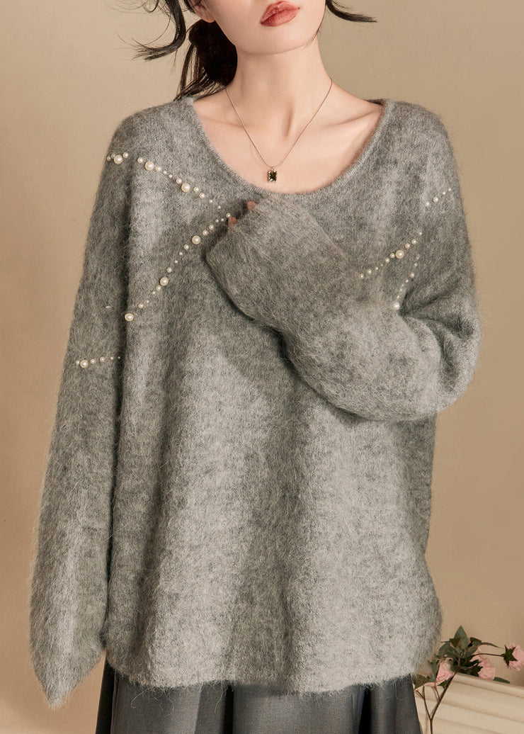 Loose Grey O Neck Pearl Cotton Knit Sweaters Winter