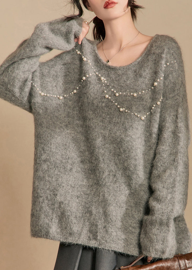 Loose Grey O Neck Pearl Cotton Knit Sweaters Winter