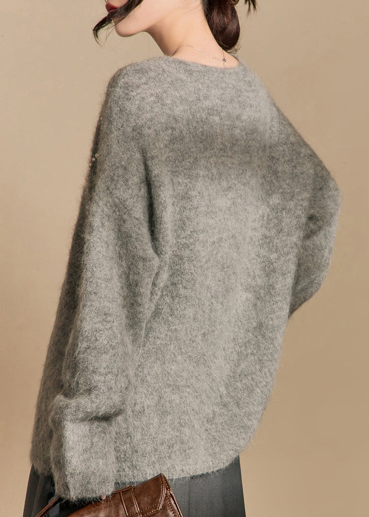 Loose Grey O Neck Pearl Cotton Knit Sweaters Winter