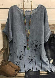 Loose Grey O Neck Print Patchwork Linen Top Short Sleeve