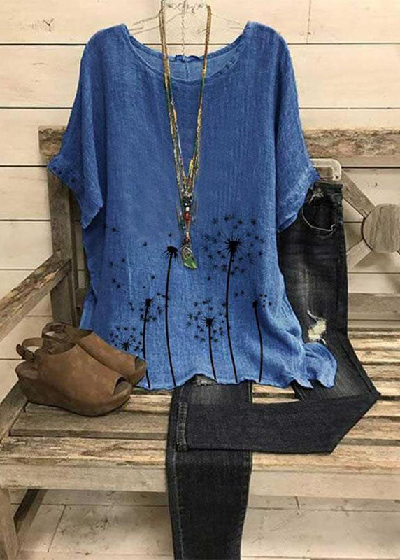 Loose Grey O Neck Print Patchwork Linen Top Short Sleeve