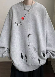 Loose Grey O Neck Print Warm Fleece Men Sweatshirt Spring