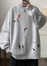 Loose Grey O Neck Print Warm Fleece Men Sweatshirt Spring