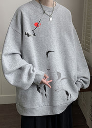 Loose Grey O Neck Print Warm Fleece Men Sweatshirt Spring