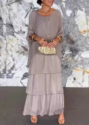 Loose Grey O Neck Solid Chiffon Long Dress Half Sleeve