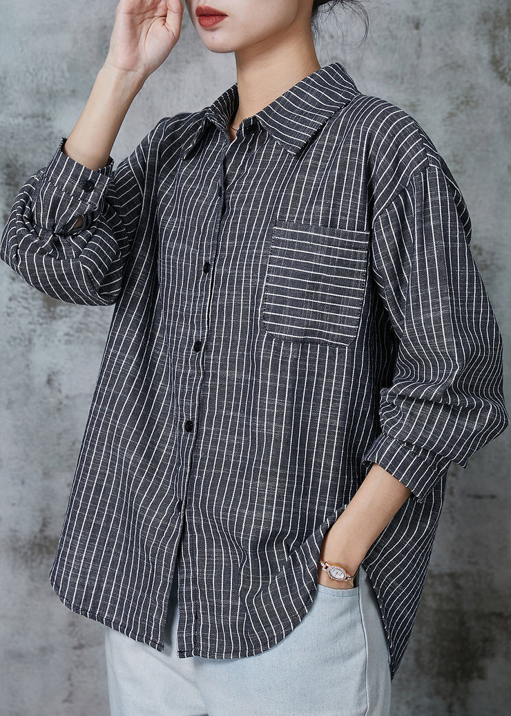 Loose Grey Oversized Striped Linen Blouses Spring