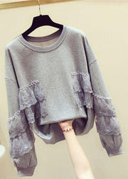 Loose Grey Pearl Lace Patchwork Cotton Streetwear Spring