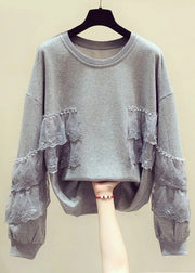 Loose Grey Pearl Lace Patchwork Cotton Streetwear Spring