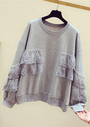 Loose Grey Pearl Lace Patchwork Cotton Streetwear Spring