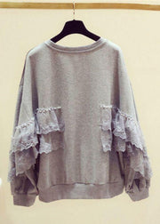 Loose Grey Pearl Lace Patchwork Cotton Streetwear Spring